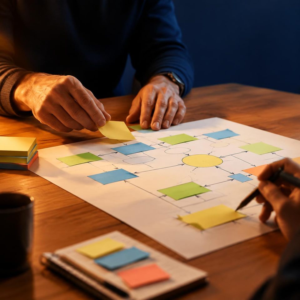 Two colleagues mapping out a process on a glass whiteboard